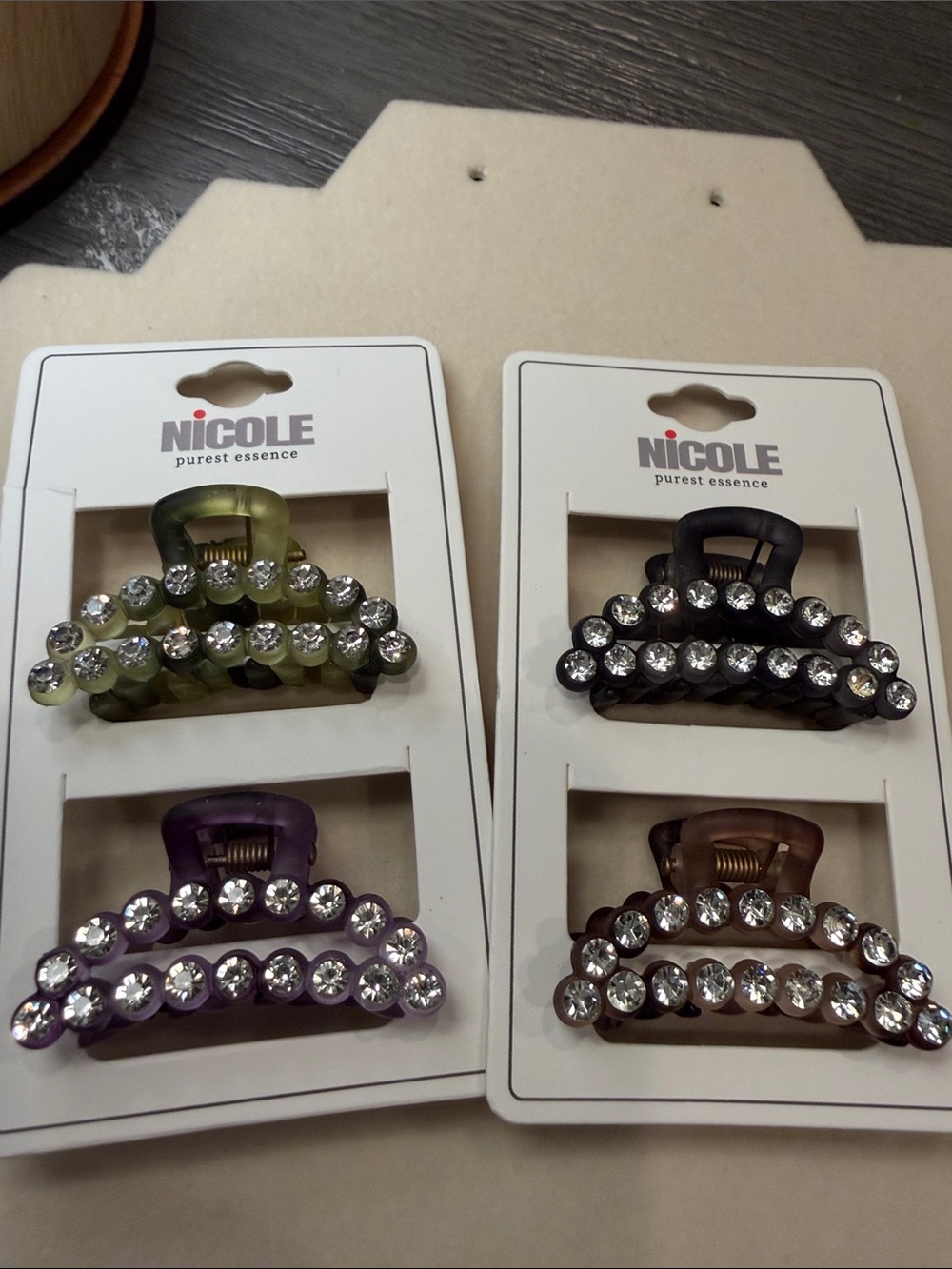 Nicole Rhinestone-Trim Hair Claw Clips Set in Green, Black, Purple, and Brown